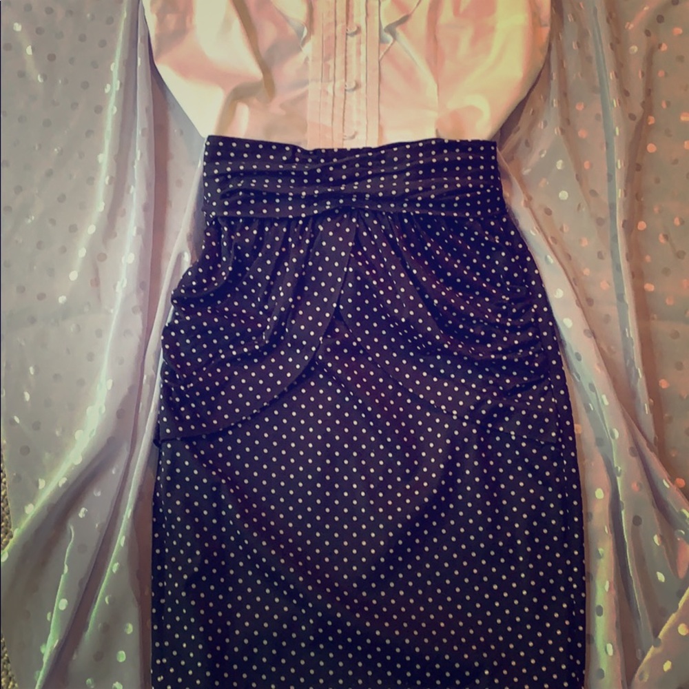 Designer high-waisted navy polka dot pencil skirt
